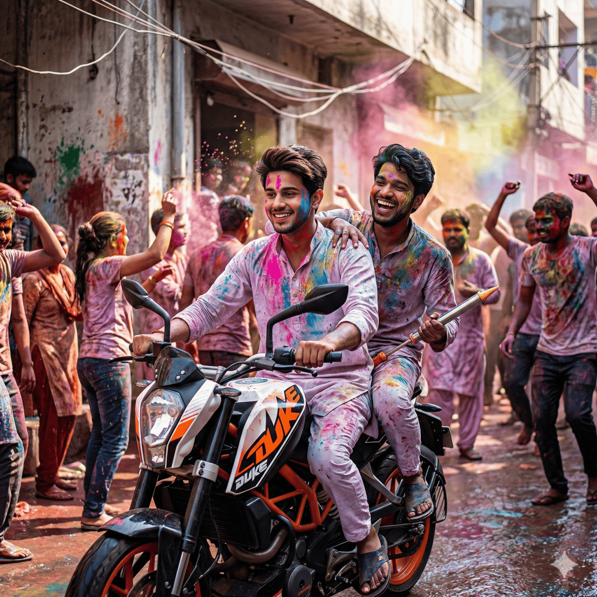The Holi Express: Two Friends on a KTM, Completely Soaked in Joy and Color